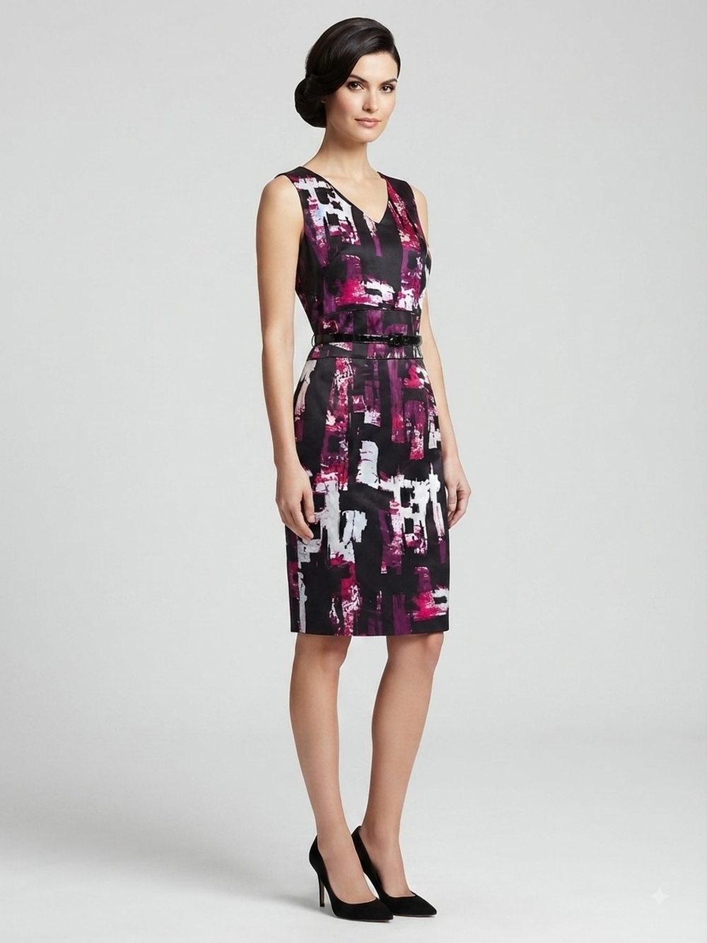cleo Petite Absract Print V Neck Dress Withe Belt Size 8P